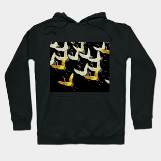 GOLD YELLOW WHITE FLYING CRANES IN BLACK Japanese Pattern Hoodie